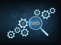 SEO optimization illustration with magnifying glass and gears, representing services by a freelance digital marketer in Kochi.