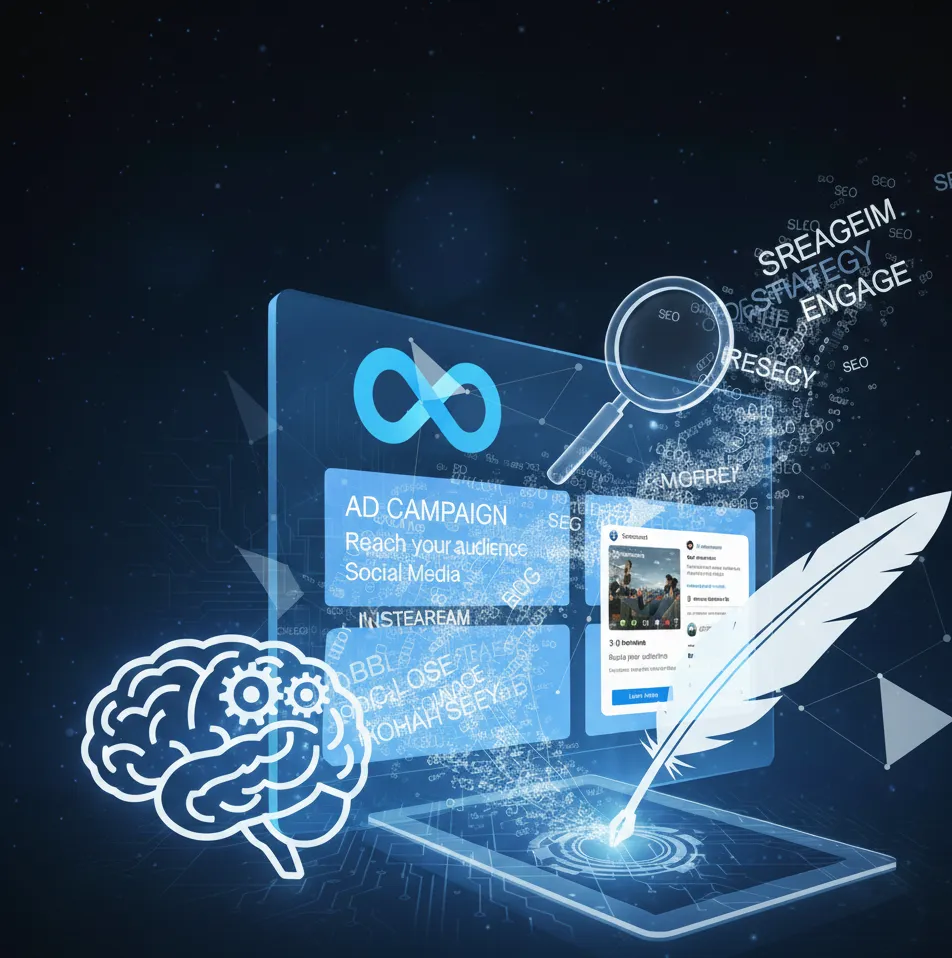 Digital marketing and ad campaign concept showing Meta advertising dashboard, SEO elements, content strategy icons, and analytics tools by a freelance digital marketer in Kochi.