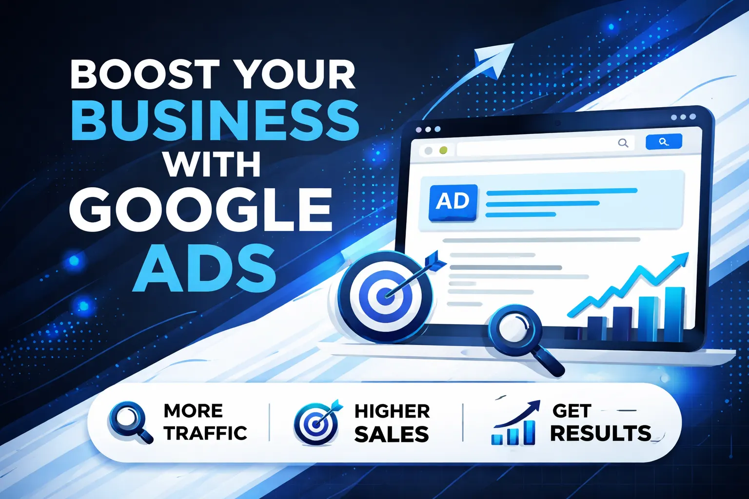 Google Ads marketing graphic showing a laptop with paid search ad interface, target icon, and growth chart, promoting services by a freelance digital marketer in Kochi.