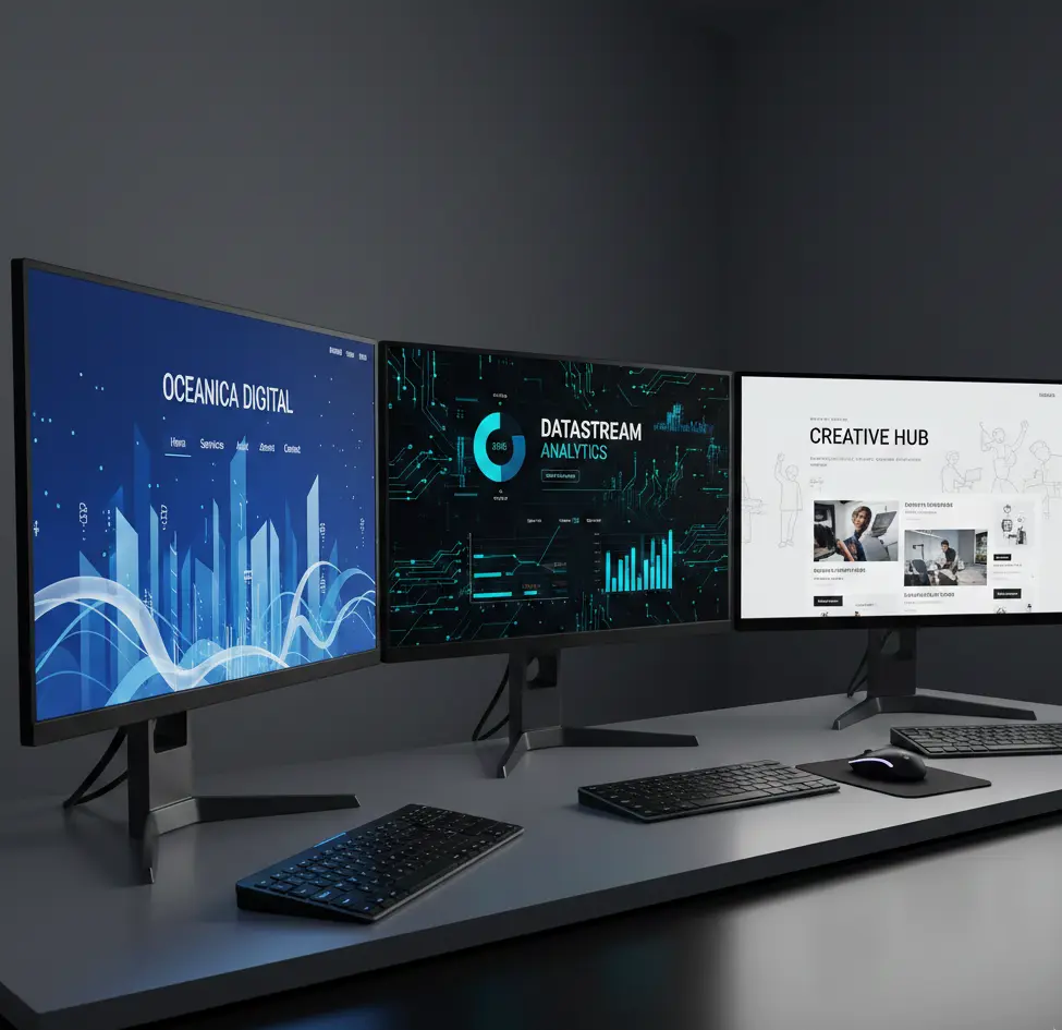 Modern digital marketing workspace with multiple monitors displaying analytics dashboards and website designs, representing services by a freelance digital marketer in Kochi.