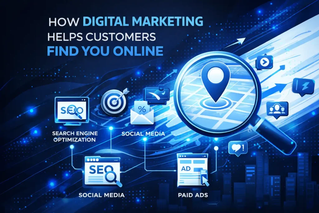 Digital marketing concept showing SEO, social media, and paid ads helping customers find businesses online, represented by a freelance digital marketer in Kochi.